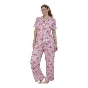 Pink Bow Ribbon Print Pajama Sleepwear Set Short Sleeve Top and Pants Size M